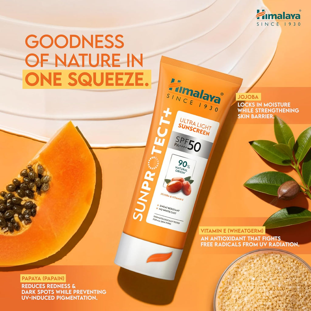 Himalaya Sun Protect+ Ultra Light Sunscreen | 90% Natural Origin Ingredients | In vivo tested SPF 50 PA++++ | Dermatologically tested for all skin types | No white cast | Sweat Resistant | 50g