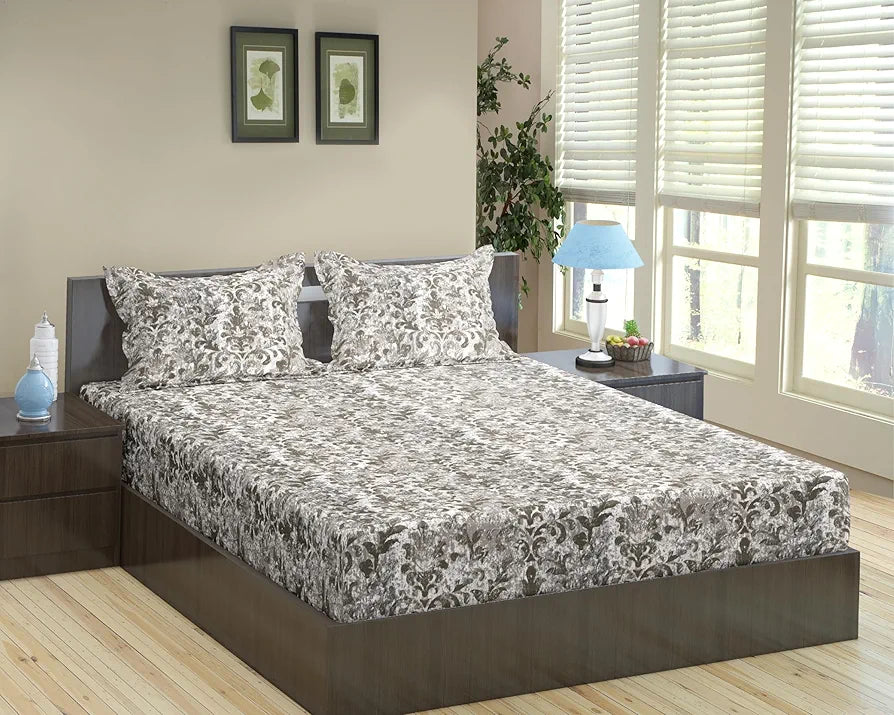 Trance Home Linen 180Tc 100% Cotton 78"X60" Standard Queen Size Elastic Fitted Bedsheet Printed Queen Bed Size With 2 Pillow Covers 180 tc Colour Royal Green Grey