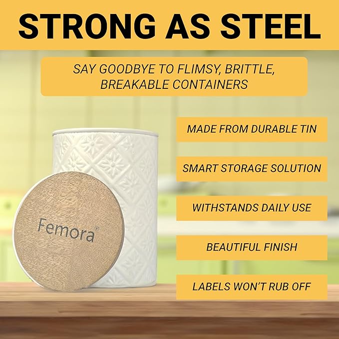 Femora Kitchen Storage Jars Tin Jar With Wooden Lid Air Tight Jar | 900 Ml | Pack of 1