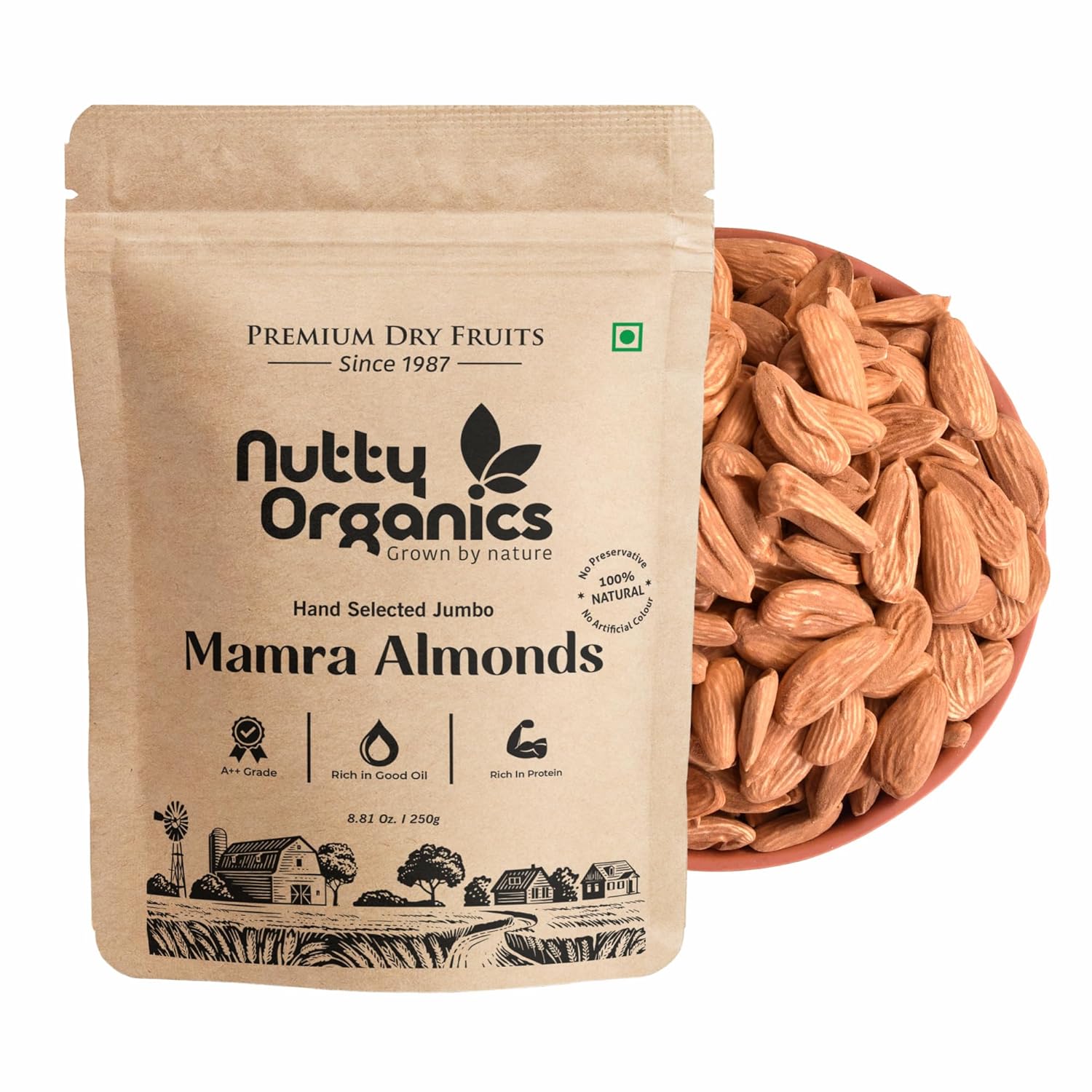 Nutty Organics Almonds Mamra (Grade A ++ Nuts, Premium,Rich In Oil, Imported) Richest Natural Source of Vitamins, Magnesium & Protien | Special Mamra Badam Giri