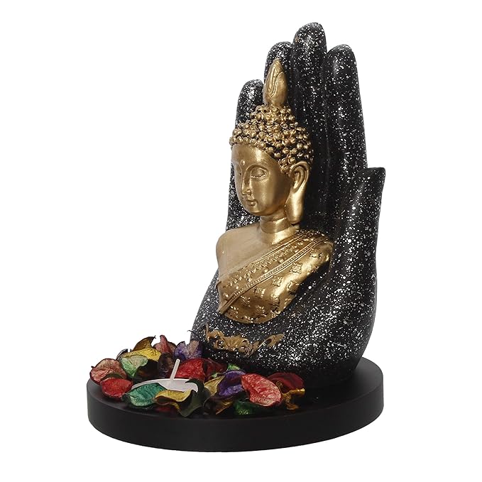 Ecraftindia Black Golden Resin Palm Buddha Statue Tea Light Holder | Lord Buddha Statue for Living Room