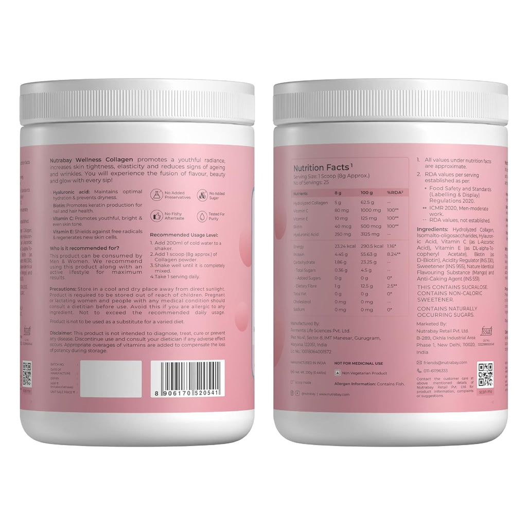 Nutrabay Korean Marine Glow Collagen Peptides with Hyaluronic Acid & Biotin â€“ for Glowing Skin, Hair, Nails & Joints â€“ 200g, Mango Flavor | Tested for Purity | No Fishy After Taste