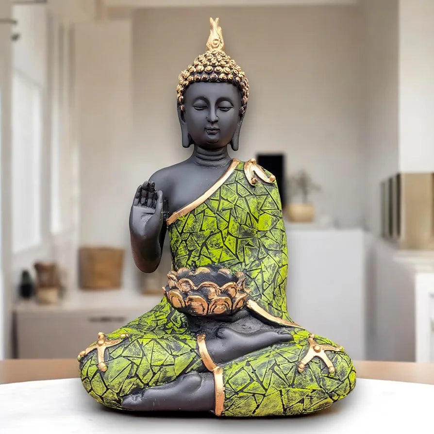 Neelaya Meditating Buddha Statue with Tealight Candle Holder Polyresin Showpiece 28 cm Black Green