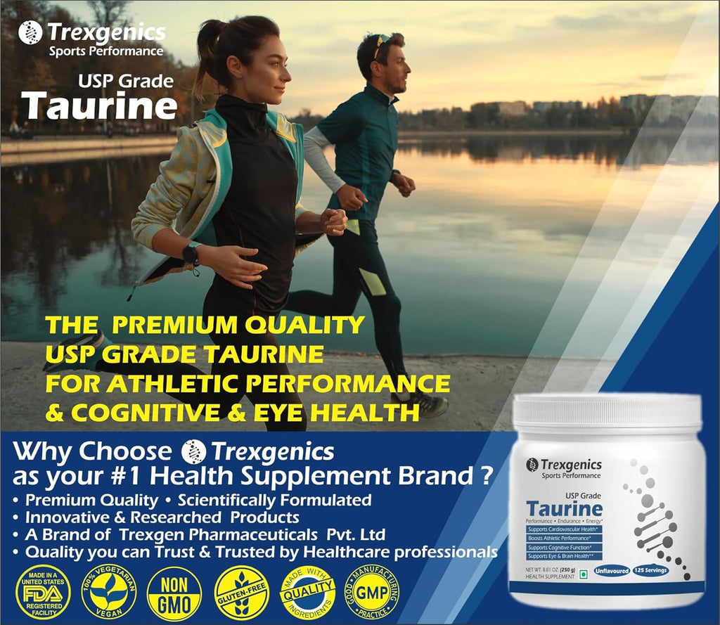 Trexgenics TAURINE USP grade PURE POWDER Nervous System, Energy, Heart, Cardiovascular system, Brain, Eye Health Support (250 GRAM)