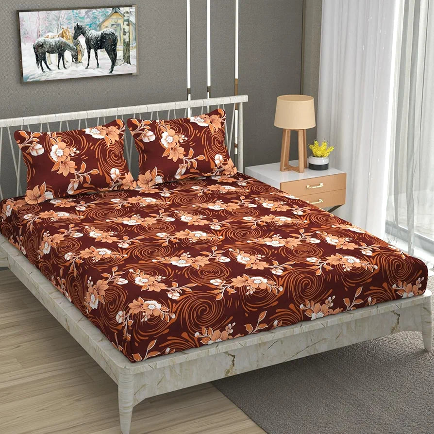 Homefab India 180 TC Microfiber Double BedSheet with 2 Pillow Covers Brown Floral