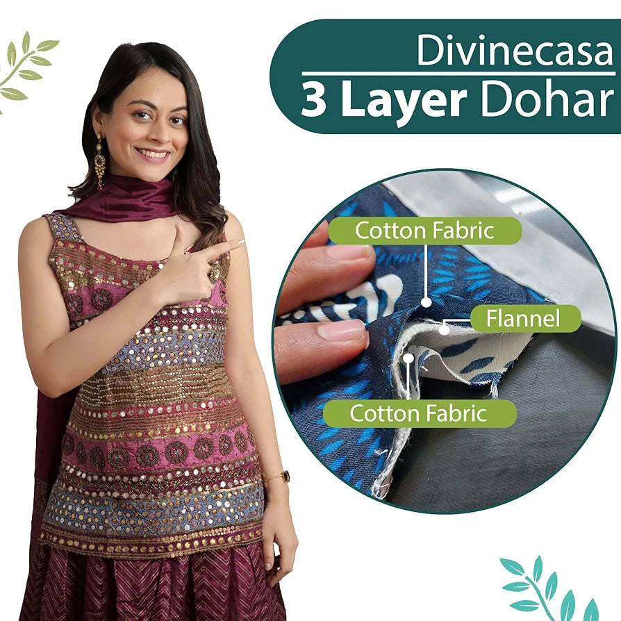 Divine Casa Floret 100% Cotton Double Dohar 120 GSM Soft & Lightweight Throw Blanket Colour Green Blue