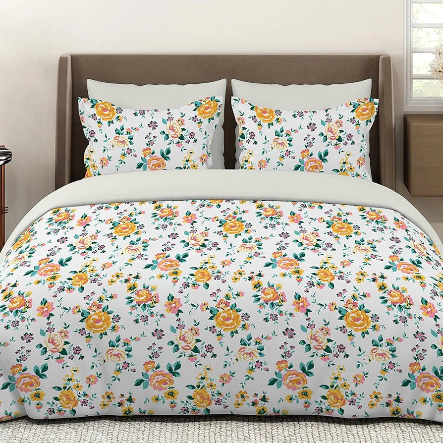 Layers Marigold Cotton Bedsheet Set for All Seasons Lightweight 144 TC King Size White Marigold