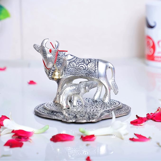 KridayKraft Silver Color Kamdhenu Cow with calf Standing Metal Statue Gau Mata Murti idol
