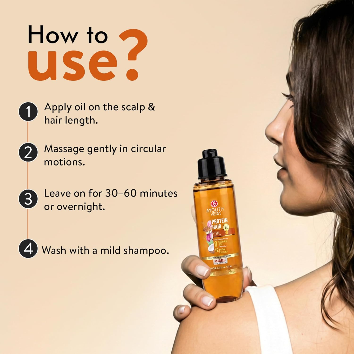 Ayouthveda Protein Hair Oil | Nourishing Oil to Repair Damage | With Bhringraj, Coffee, Arhar & Urad Dal | Blend of 9 Nourishing Oils and 12 Herbal Extracts | Helps Improve Hair Strength, Shine & Softness | For All Hair Types | 100 ml