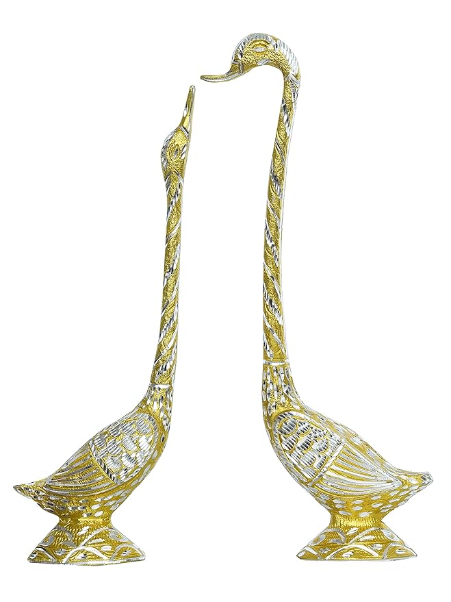 Ecraftindia Golden Metal Handcrafted Kissing Swan Couple Statues Love Birds Showpieces | Elegant Home Decor for Living Room