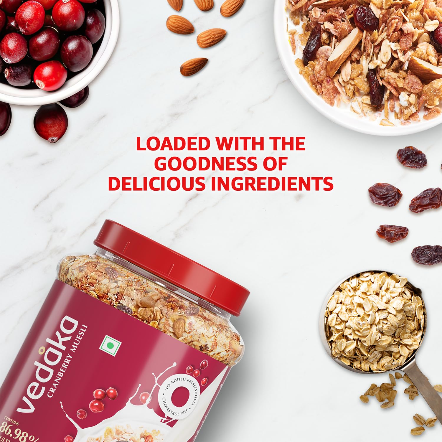 Vedaka Cranberry Muesli | 1 Kg | Jar | Contains 86.98% Dry Fruits, Nuts and Multigrains | Loaded with Cranberries | Source of Fiber | No Added Preservatives | Breakfast Cereal