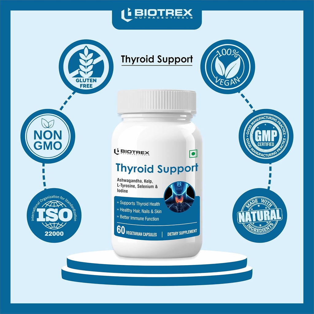 Biotrex Nutraceuticals Thyroid Care Supplement With Ashwagandha, Kelp, Selenium, L-Tyrosine & Iodine | Supports Thyroid Health & Mood Balance | Enhances Energy - 60 Vegetarian Capsules