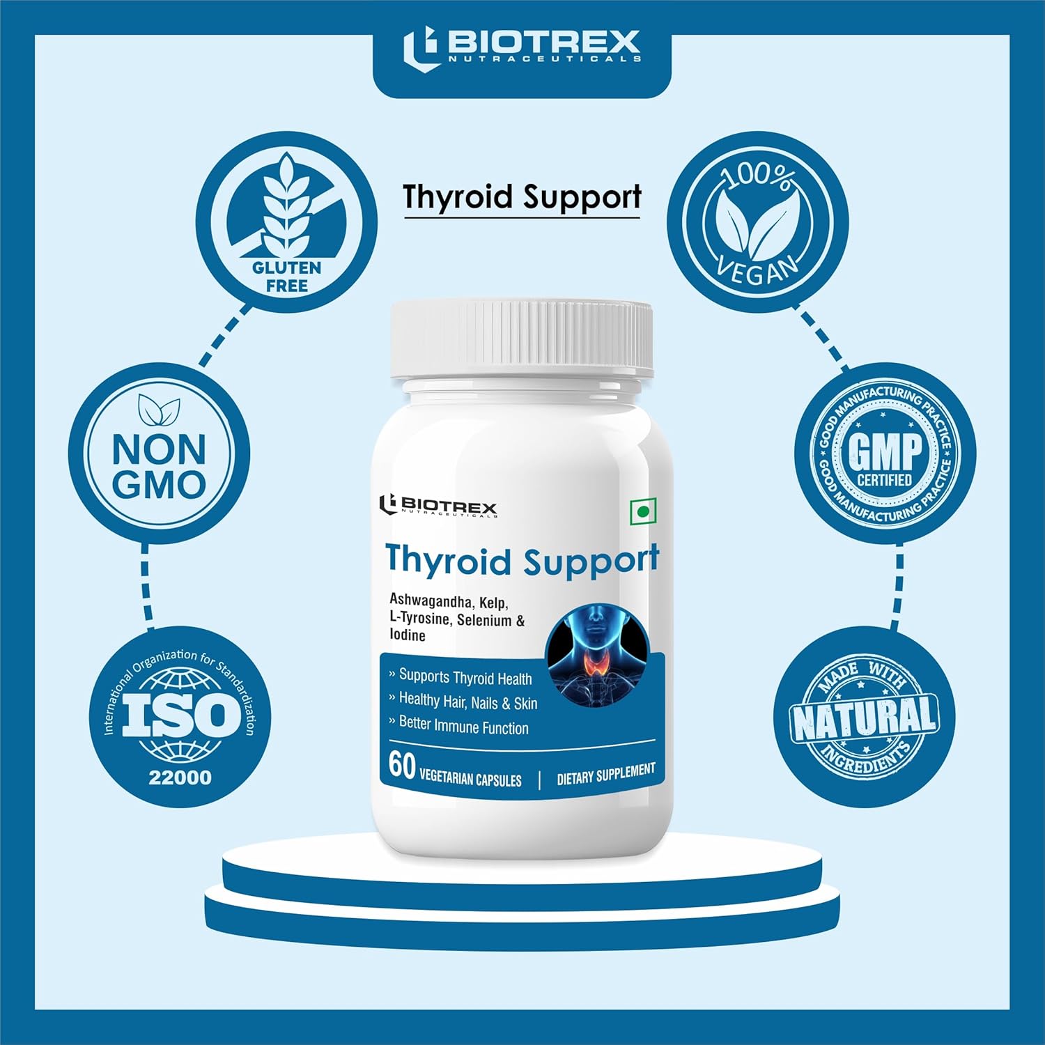 Biotrex Nutraceuticals Thyroid Care Supplement With Ashwagandha, Kelp, Selenium, L-Tyrosine & Iodine | Supports Thyroid Health & Mood Balance | Enhances Energy - 60 Vegetarian Capsules