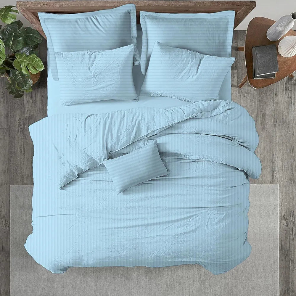 Trance Home Linen Zippered 100% Cotton 200 TC Satin Stripe Queen Duvet Cover Quilt Cover with 2 Pillow Covers Colour Sky Blue
