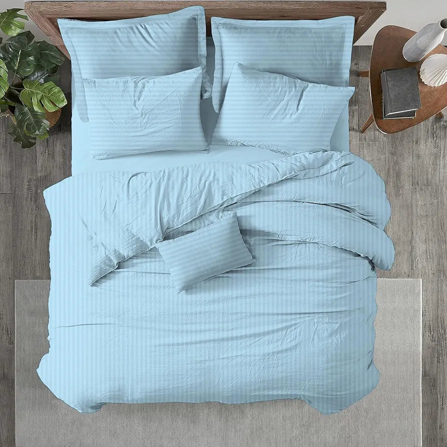 Trance Home Linen Zippered 100% Cotton 200TC Satin Stripe King Size Duvet Cover Quilt Cover Blanket Cover Razai Comforter Cover with 2 Pillow Covers Colour Sky Blue