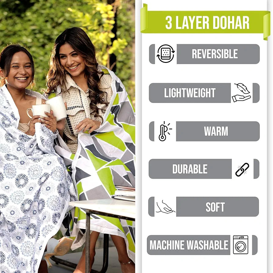 Divine Casa 100% Cotton Double Bed AC Dohar Blanket Ultra Soft 3 Layer Lightweight Comforter TC - 144 Colour Jolly Green