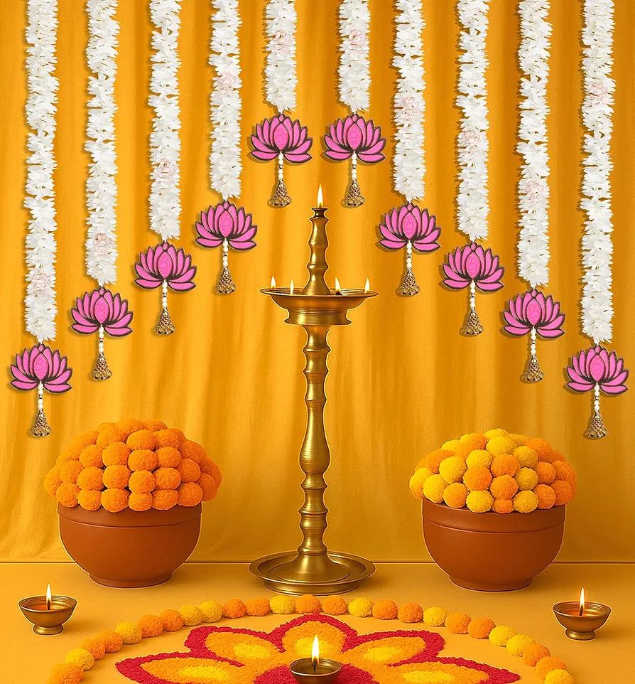 Handmade 10 Pcs Artificial Mogra Garland with Lotus Hanging for Decoration White Flower Strings 2.5 Feet Length