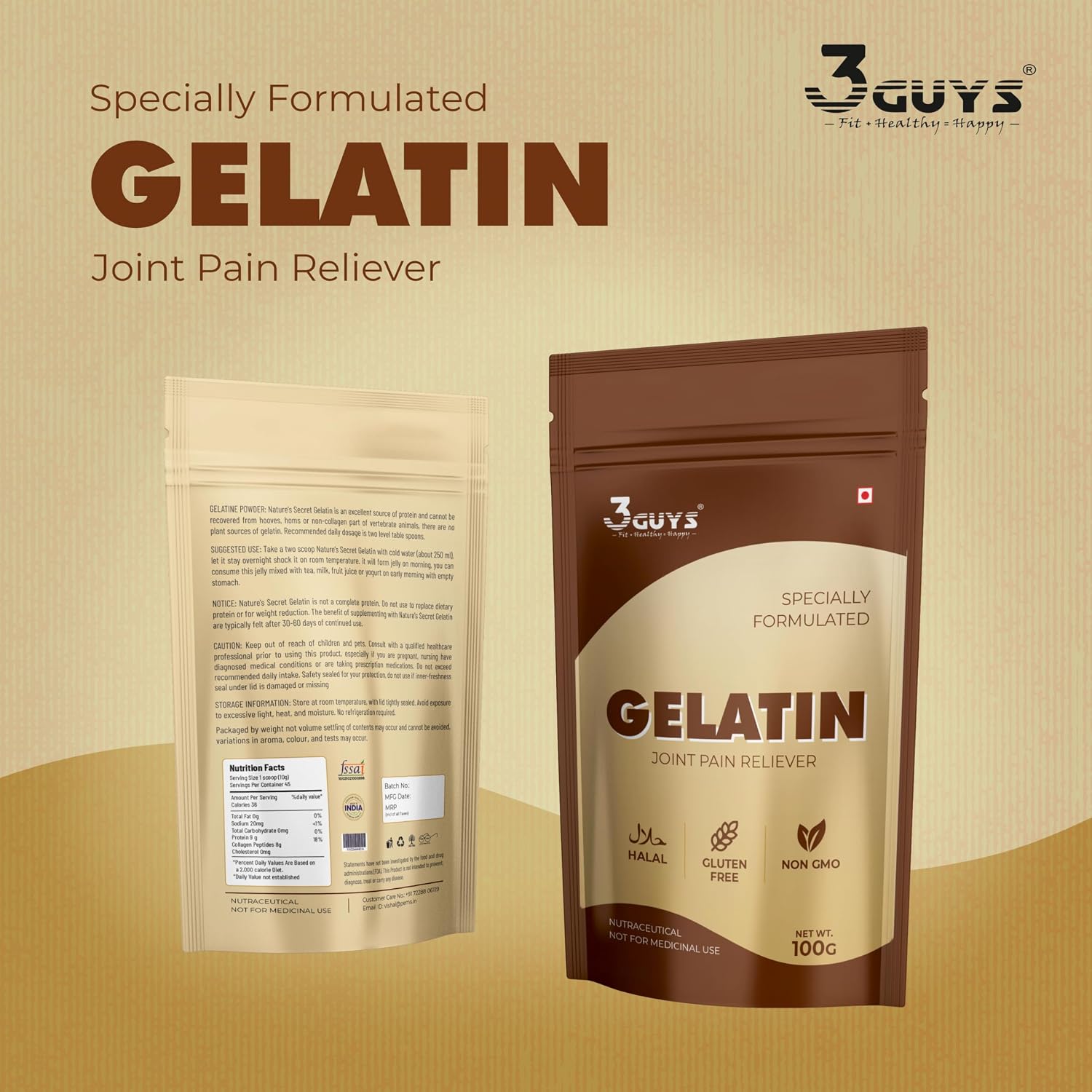 3 GUYS Edible Gelatin Powder 100g for Food & Cosmetic Use | Natural Joint Pain Reliever & Digestion Support | Unflavoured Base for DIY Peel-Off Face Masks & Hair Removal | Gluten-Free, Halal & Non-GMO for Graceful Aging