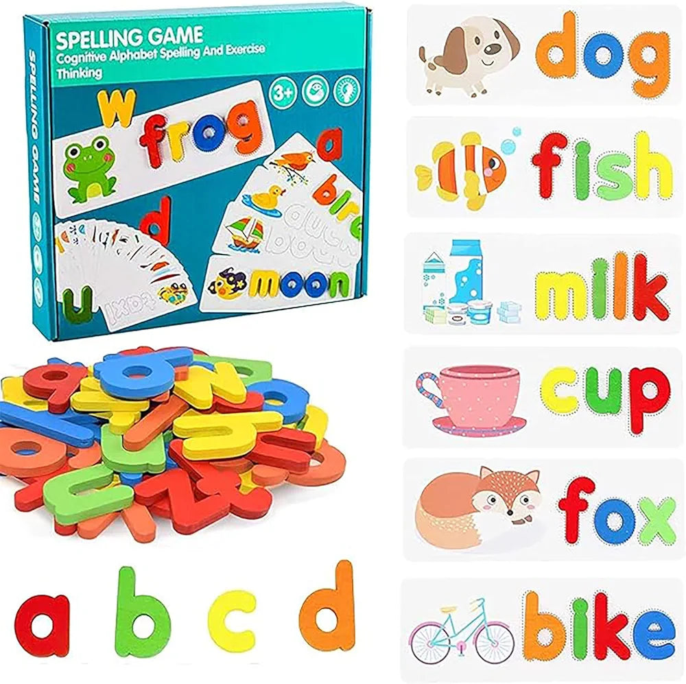 Wishkey Wooden Spelling Game for Kids, Early Education Word Making Game with Flash Cards and Alphabets, Non-Toxic, Educational Toy