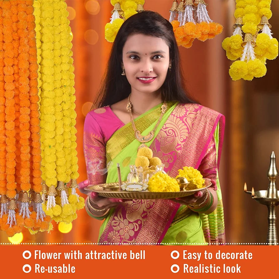 Marigold Artificial Flowers for Decoration Long Garland 5 Feet Long 5 Pcs Y+B