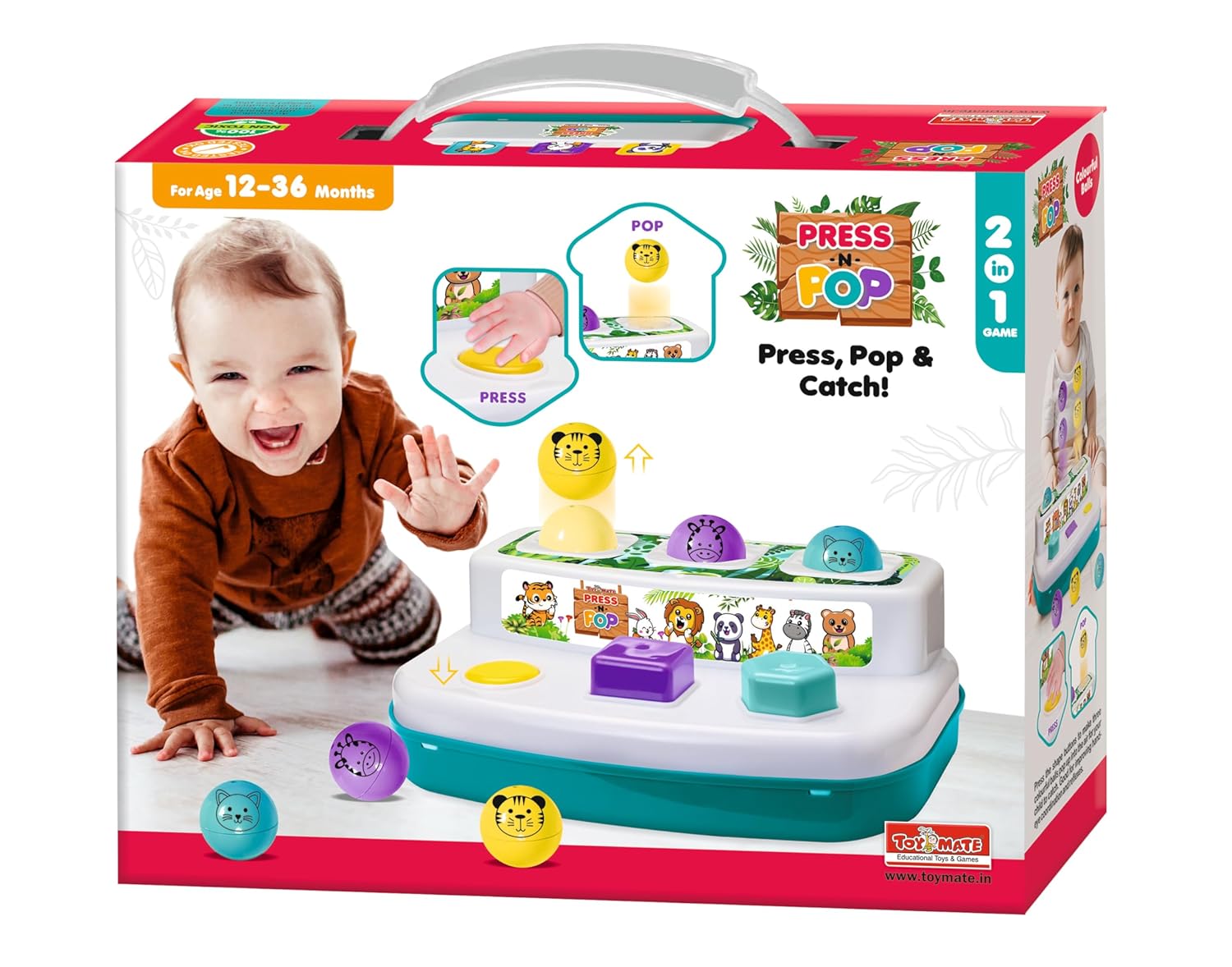 Toymate's Press and Pop A 2 in 1 Animals and 3 colourfull Balls pop up