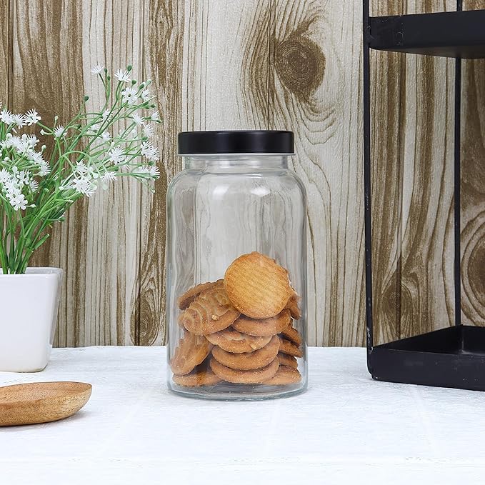 Femora Kitchen Storage Jars Clear Glass Jar With Steel Lid Air Tight Jar | 1500 Ml | Pack of 6 | Black Lid