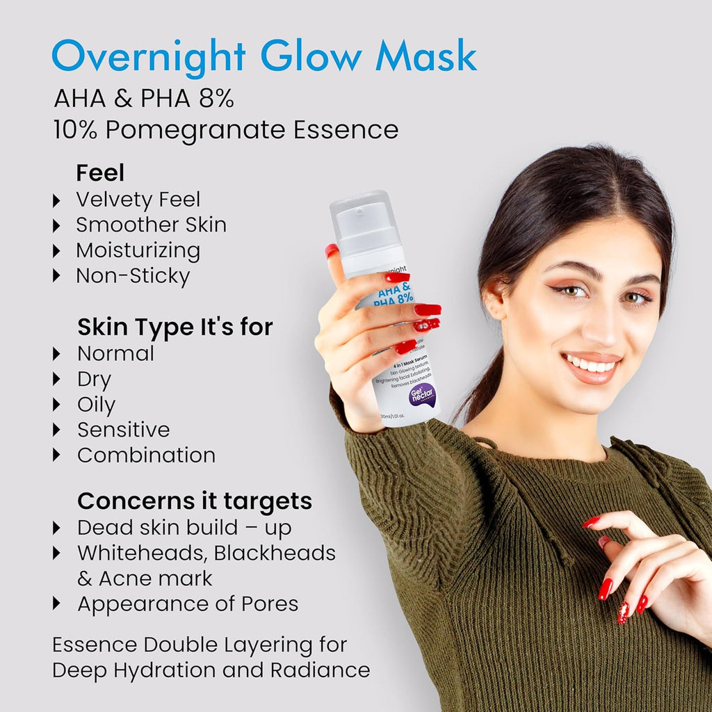 Get Nectar Happiness Overnight Glow Mask Aha & Pha 8% (Oil Free) with 10% Pomegranate Essence for Skin Glowing Texture, Brightening Facial Exfoliating, Removes Blackheads (30ml)