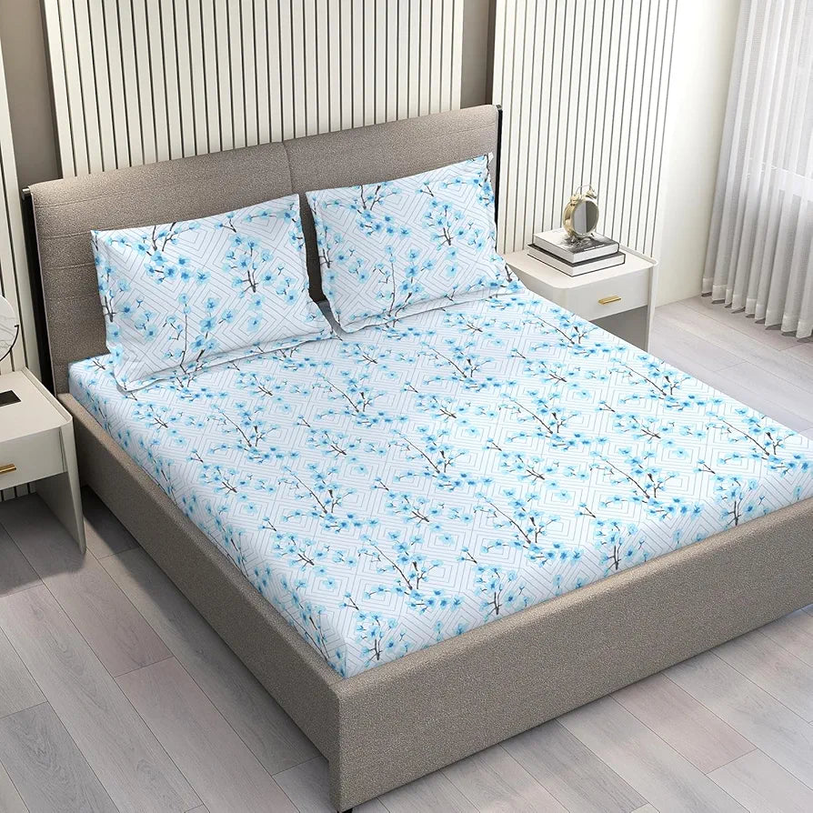 Layers Lumina Floret Cotton Bedsheet Set for All Seasons Lightweight 144 TC King Size Blue Ethnic