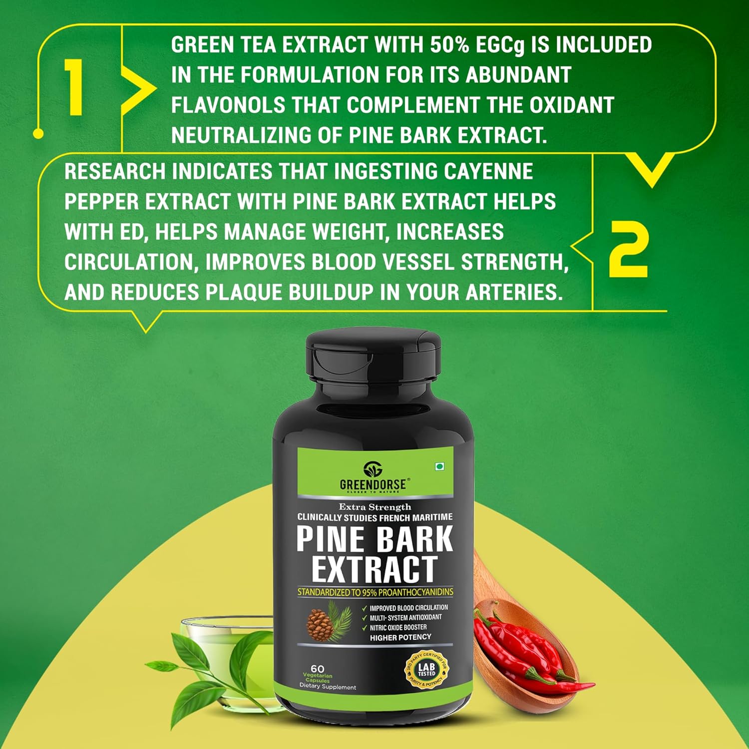 GREENDORSE Pine Bark Extract | 95% Proanthocyanidins with Green Tea Extract (50% EGCG) & Cayenne Pepper | Supports Blood Flow, Nitric Oxide & Antioxidant Defense | Premium Circulatory Formula | 60 Veg Capsules