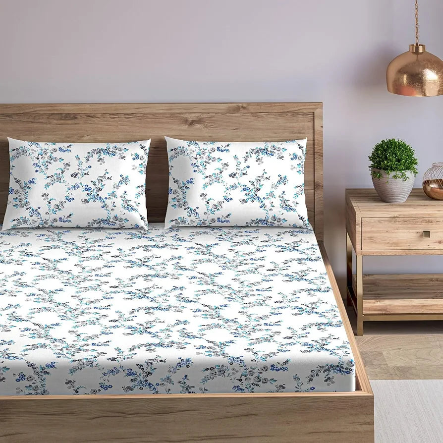 Trance Home Linen 180Tc 100% Cotton 78"X72" Standard King Size Elastic Fitted Bedsheet Printed King Bed Size With 2 Pillow Covers 180 TC Colour Nile Blue