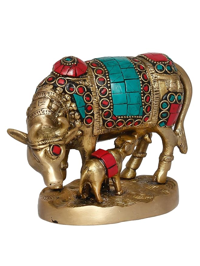 Ecraftindia Golden Stone Work Handcrafted Brass Cow and Calf Statue | Cow Statue With Calf Animal Figurine Decorative Showpiece