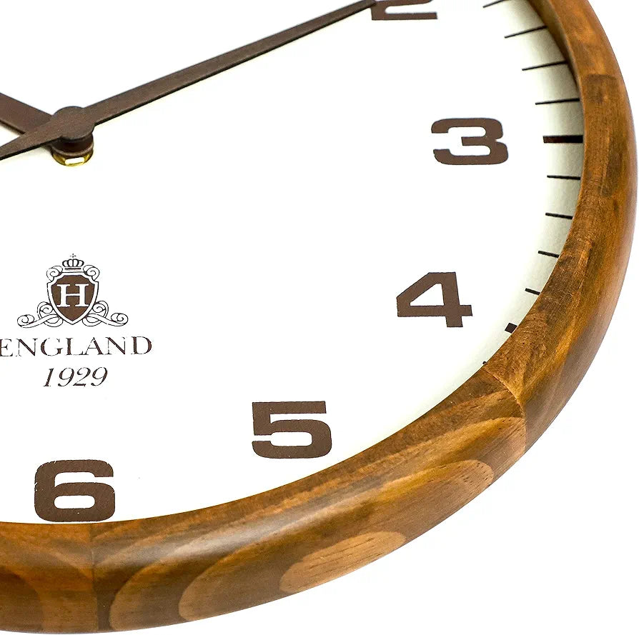 Harris & Co. Clockmasters Wooden Analog Wall Clock With Leather Dial and Wooden Hands14 Inch Silent Sweep Noiseless Technology Model - Brick Lane