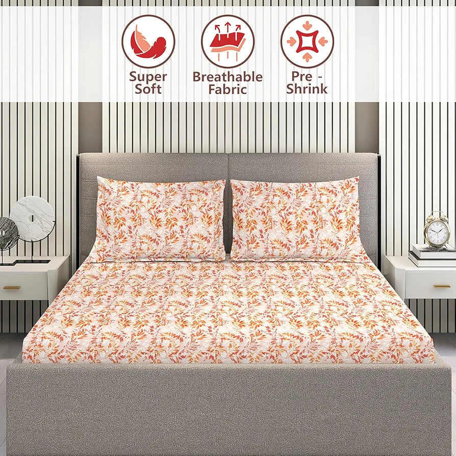 Layers Home Easy Cotton Bedsheet Set for All Seasons Lightweight 144 TC Queen Size Orange