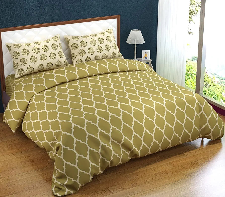 Trance Home Linen 200TC 100% Cotton Printed Zippered Duvet Cover/Blanket/Quilt Cover Comforter Cover/Razai Cover King Size with 2 Pillow Covers Colour Dori & Damask Forest Green