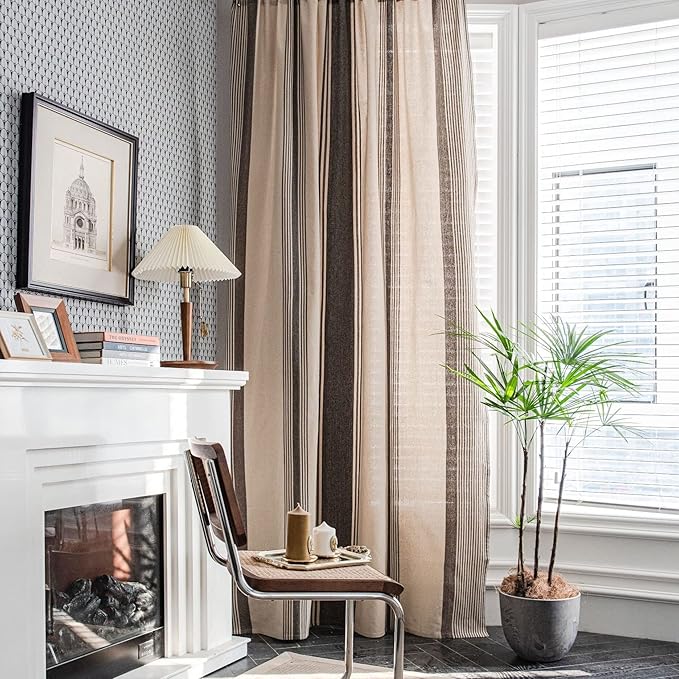 Huesland Cotton Curtains for Door, 7 Feet Long 1 Bohemian Eyelet Curtain | Beige & Grey Stripes