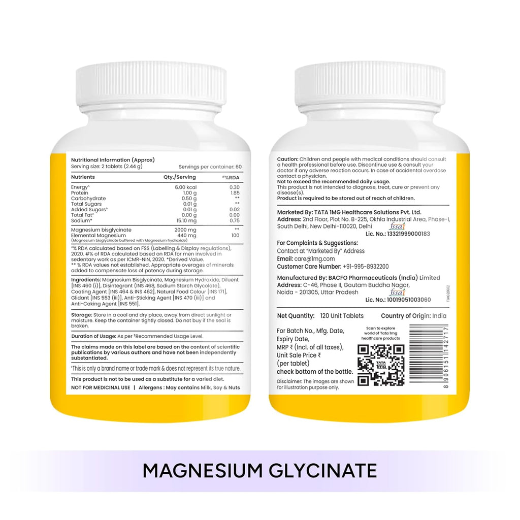 Tata 1mg Magnesium Glycinate, 120 Tablets + Tata 1mg Vitamin D3+K2, 120 Tablets