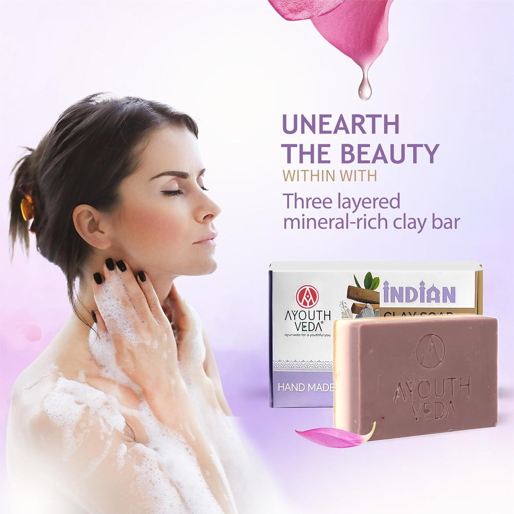 Ayouthveda Handmade Indian Clay Soap | Nourishes Protectes & Hydrates Skin | A Three Layered Mineral Rich Clay Bar| Daily use Bar for Both Men & Women (Pack Of 1-110g)