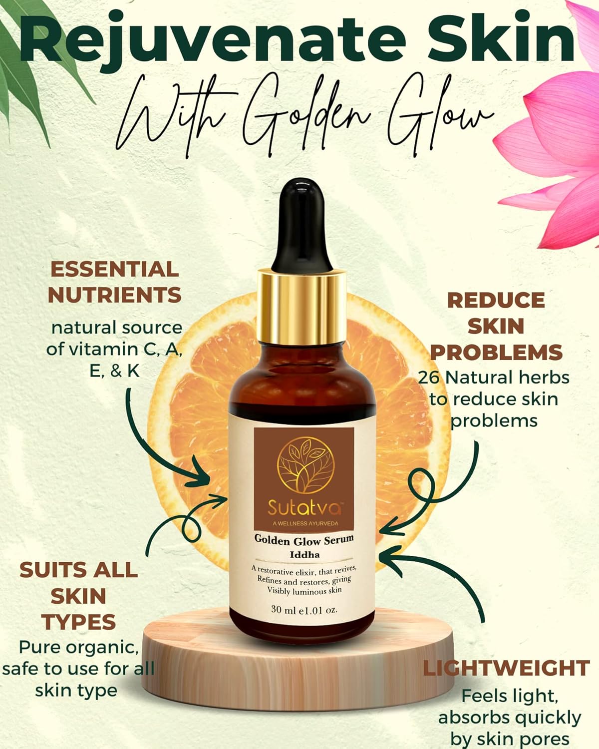 Sutatva Ayurvedic Golden Glow Night Face Serum with Vitamin C for Glowing Skin, Dark Spot Reduction, Pigmentation & Anti-Ageing | For Men & Women | 30ml