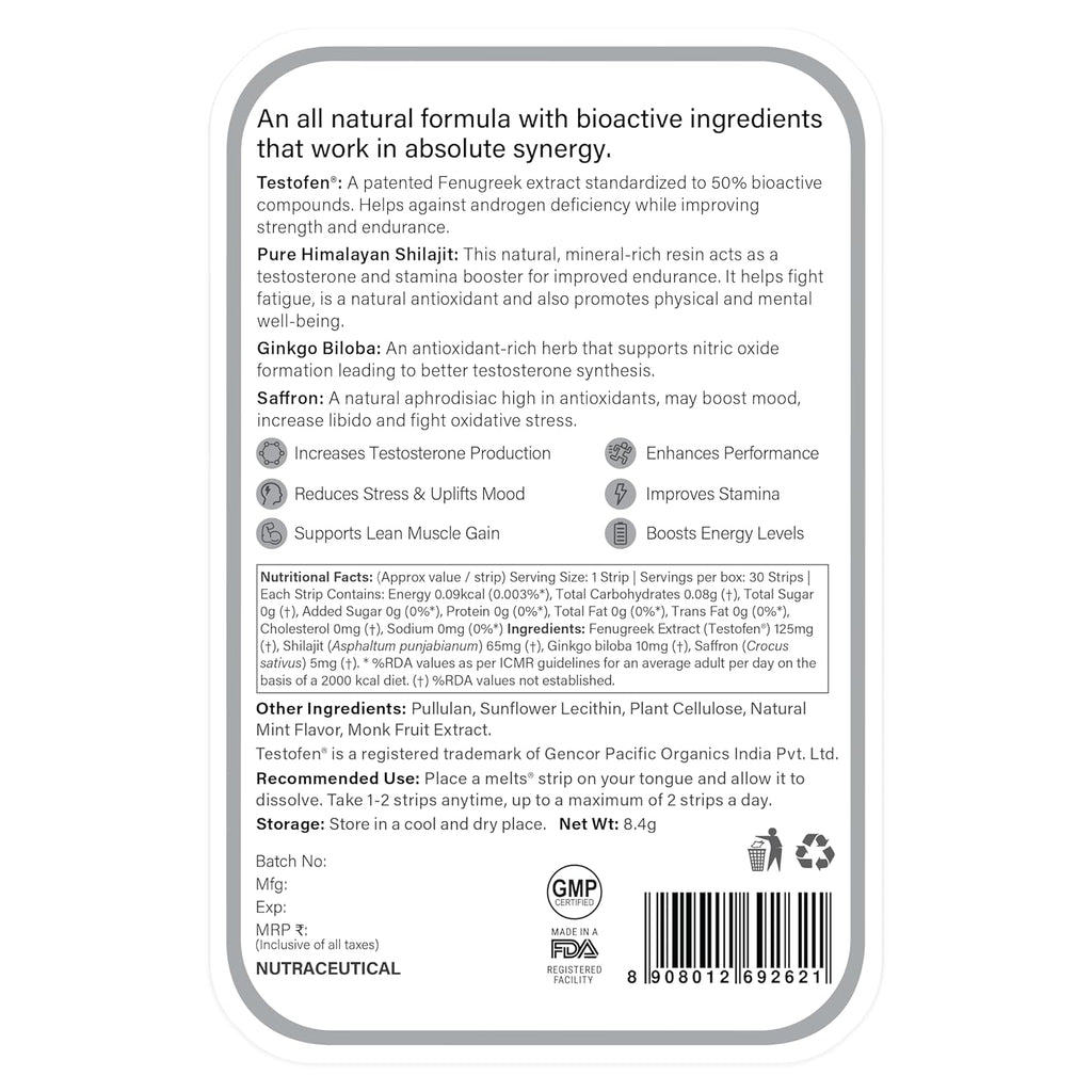 Wellbeing Nutrition meltsÂ® Testo Power | TestofenÂ®, Himalayan Shilajit, Ginkgo biloba | Plant-Based | Supports Healthy Testosterone Levels, Performance, Stamina & Energy | 30 Oral Strips