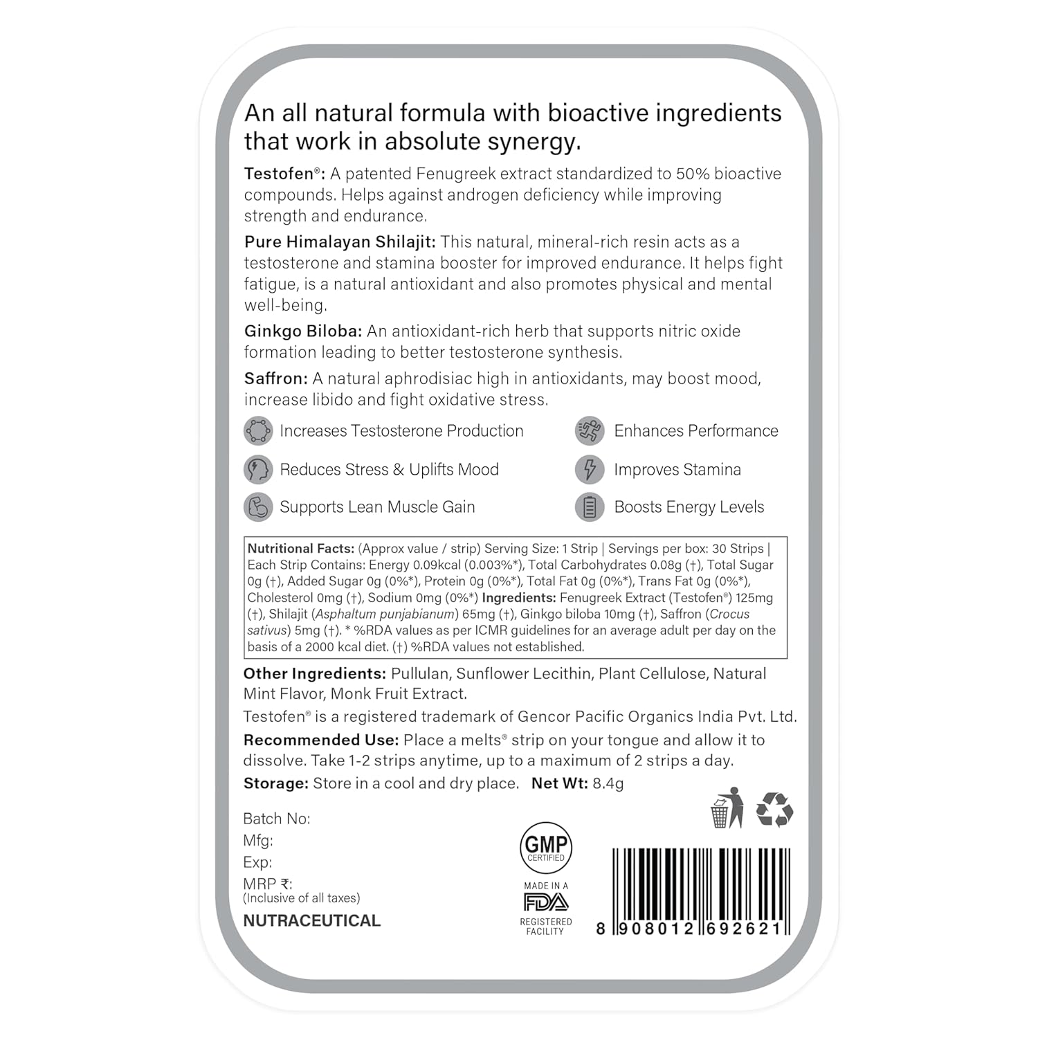 Wellbeing Nutrition meltsÂ® Testo Power | TestofenÂ®, Himalayan Shilajit, Ginkgo biloba | Plant-Based | Supports Healthy Testosterone Levels, Performance, Stamina & Energy | 30 Oral Strips