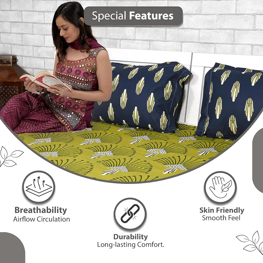 Divine Casa 144 TC 100% Cotton Bedsheet King Size Bed King Size Bedsheet with 2 Pillow Covers Colour Olive Navy