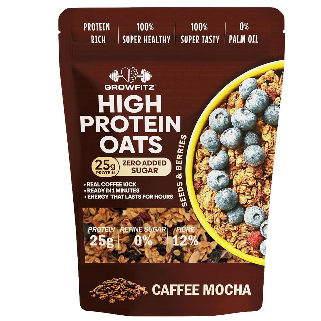 GrowFitz 25g High Protein Oats 800 Gram | Caffee Mocha Flavor Breakfast Oatmeal | 12g High Fiber, Almonds, Raisin, Pumpkin, Chia Seeds, Super Rolled Oats | Healthy Fats, No Added Sugar (Pack of 1)