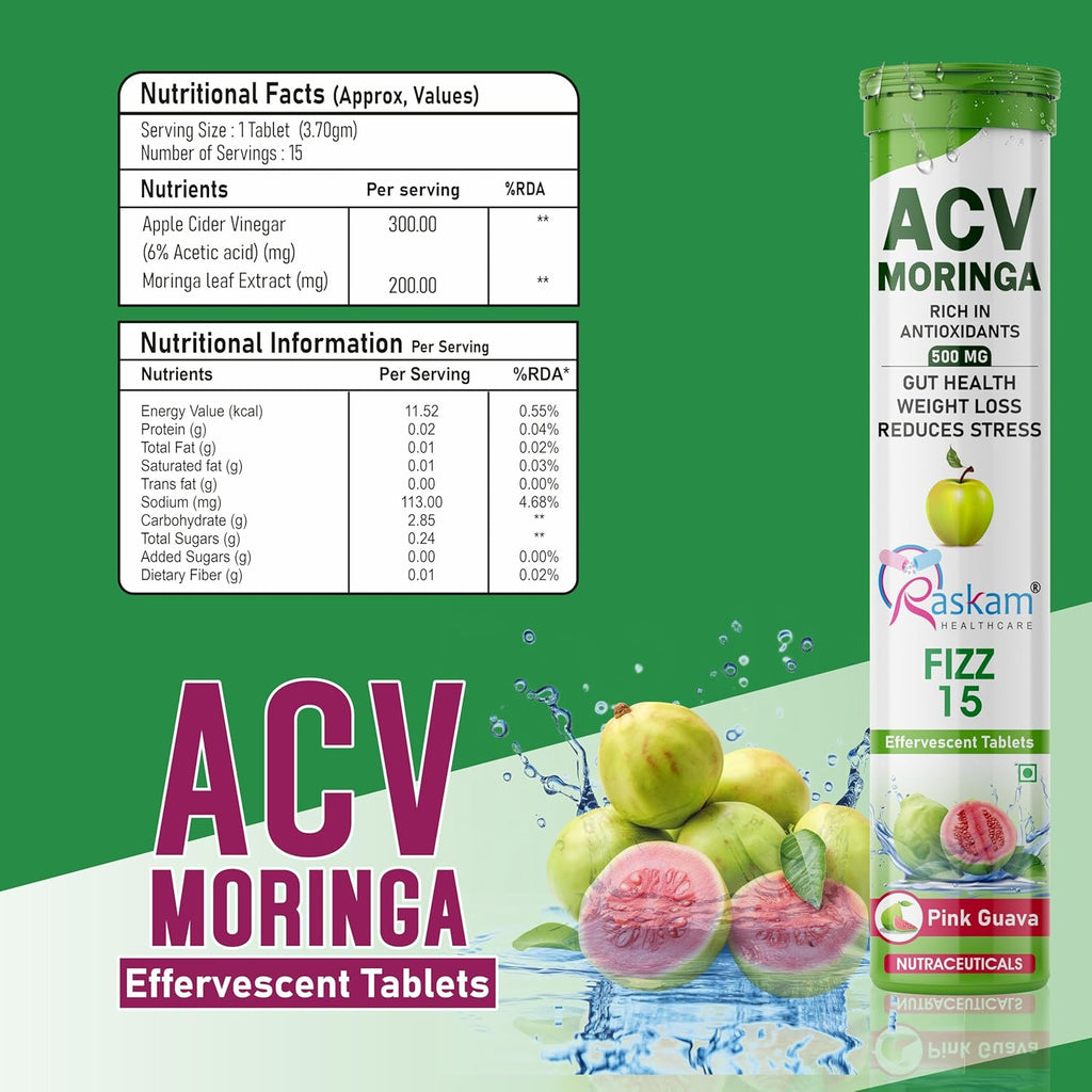 Apple Cider Vinegar (ACV) Moringa | Master Your Appetite & Boost Immunity | Natural Energy with Antioxidants | No Added Sugar | Pink Guava Flavor | 15 Fizz Tablets (500mg) Pack of 1