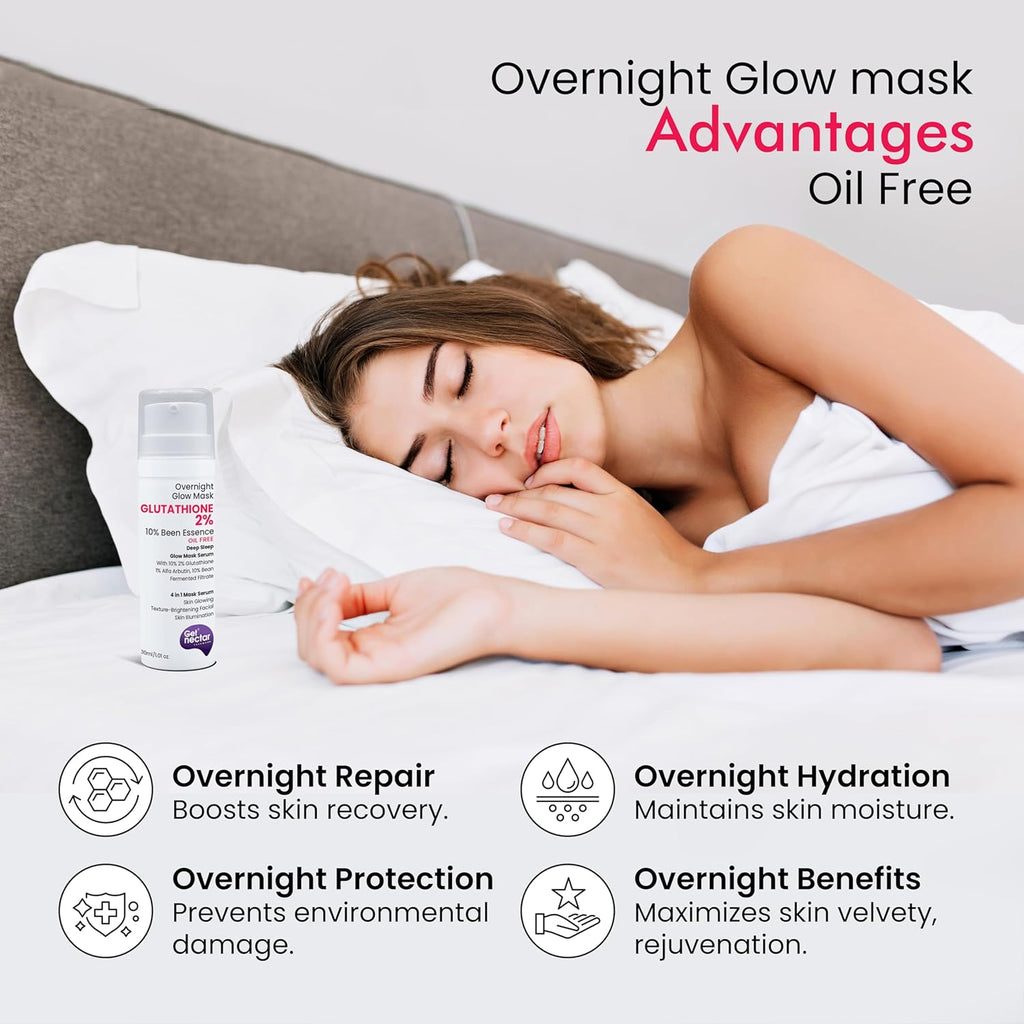Get Nectar Happiness Overnight Glow Mask 2% Glutathione Cream (Oil Free) with 10% Been Fermented Filtrate Essence for Skin Glowing Texture-Brightening facial, Skin Illumination (30ml)