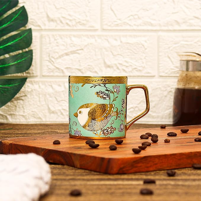 Femora Bone China Gold Tea Cup | Goldcrest Green | 180 Ml