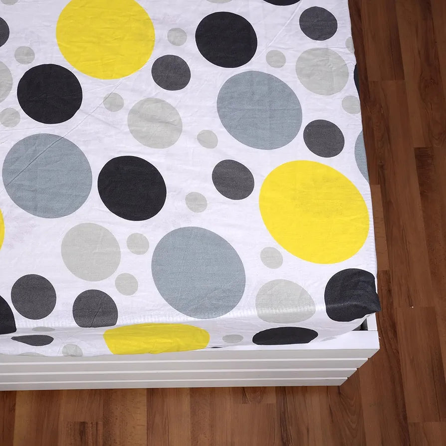 Divine Casa 100% Cotton 144 TC Cotton Elastic Fitted Bedsheets Double Size with 2 Pillow Covers Colour Yellow Gray