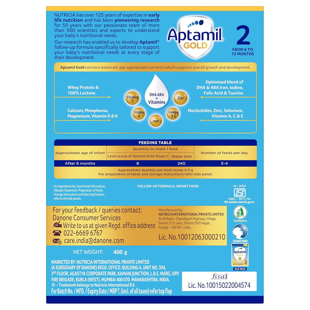 Aptamil Gold 2 Follow up Infant Formula Powder (After 6 months), Stage 2 -400gms -Bag-In-Box
