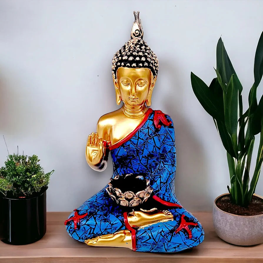 Neelaya Meditating Buddha Statue With Tealight Candle Holder Polyresin Showpiece 28 Cm Gold Blue