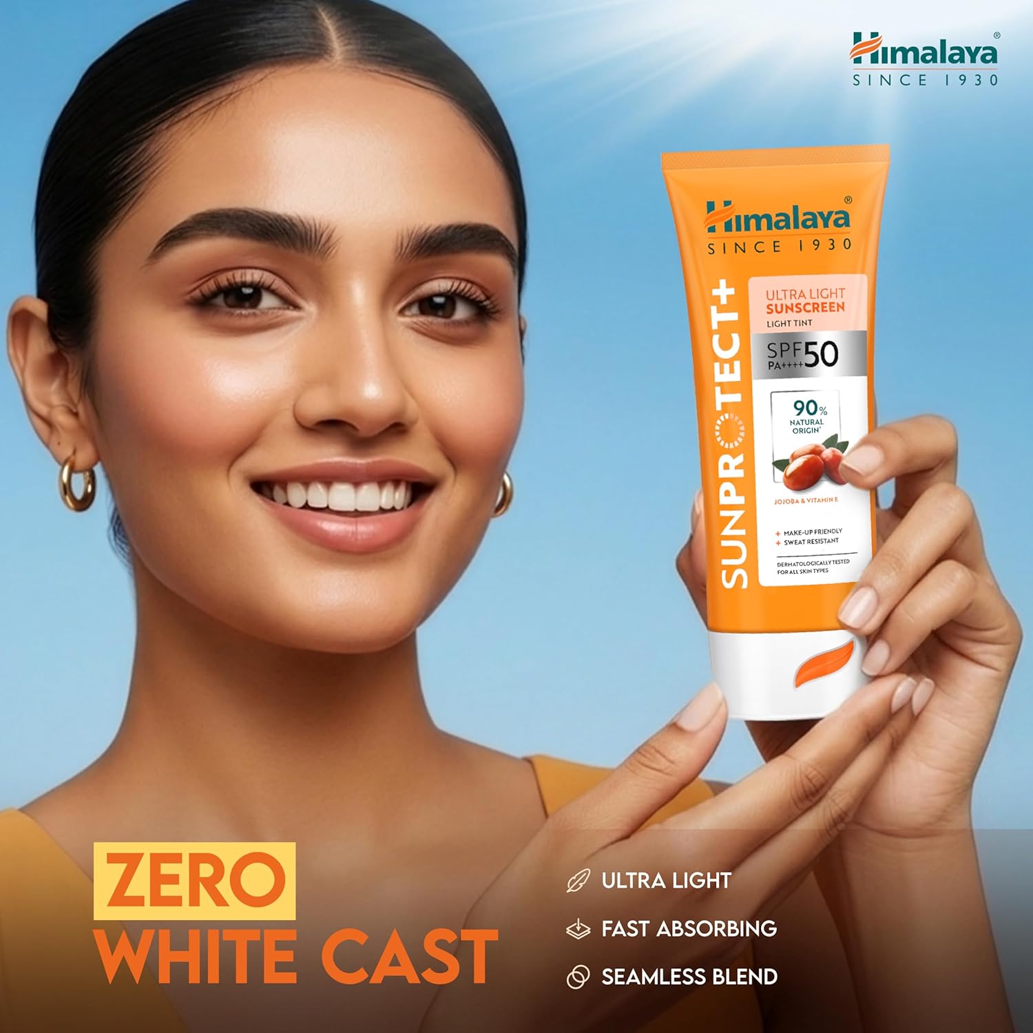 Himalaya Sun Protect+ Ultra Light Sunscreen | Light tint Cream| 90% Natural Origin Ingredients | In vivo tested SPF 50 PA++++ | Dermatologically tested for all skin types | No white cast | Make up friendly | Sweat Resistant | 50g