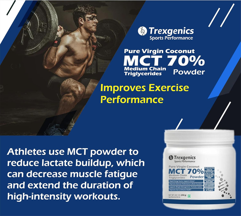 Trexgenics Pure MCT Medium Chain Triglycerides 70% Powder (from Virgin Cogonut) 70:30 C8:C10 Ratio, Rapid Energy, Ketosis Support (250 gram)